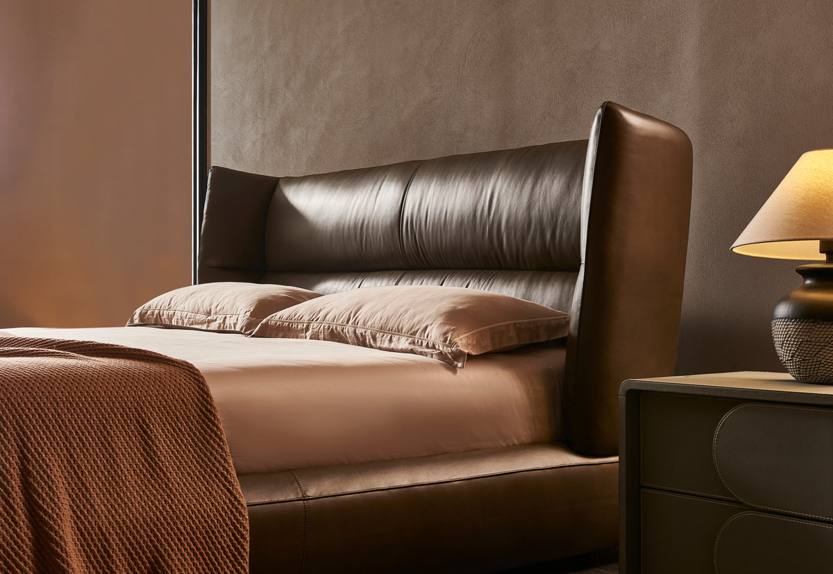 Bronze Tan Leather Bed - Double bed Bed Bed + 1 Bedside Table Bed + 2 Bedside Table