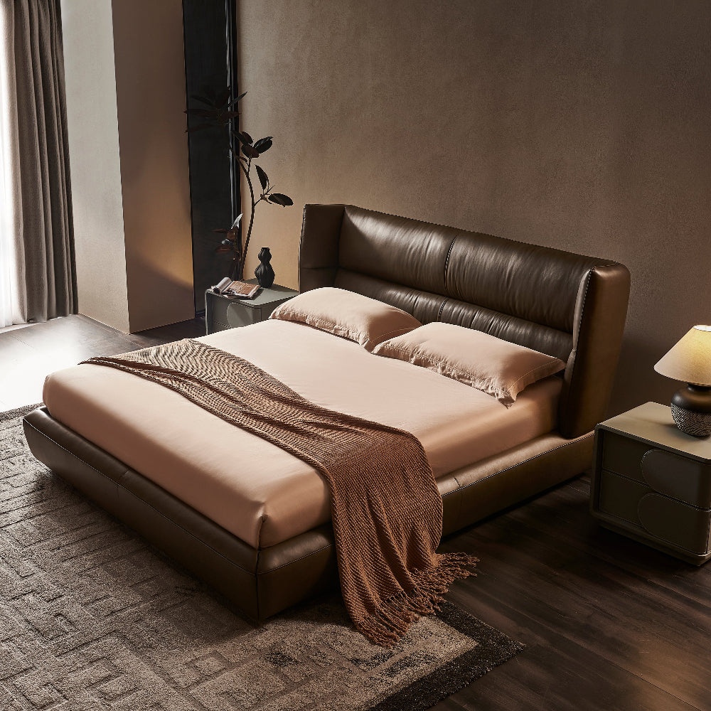 Bronze Tan Leather Bed - Double bed Bed Bed + 1 Bedside Table Bed + 2 Bedside Table