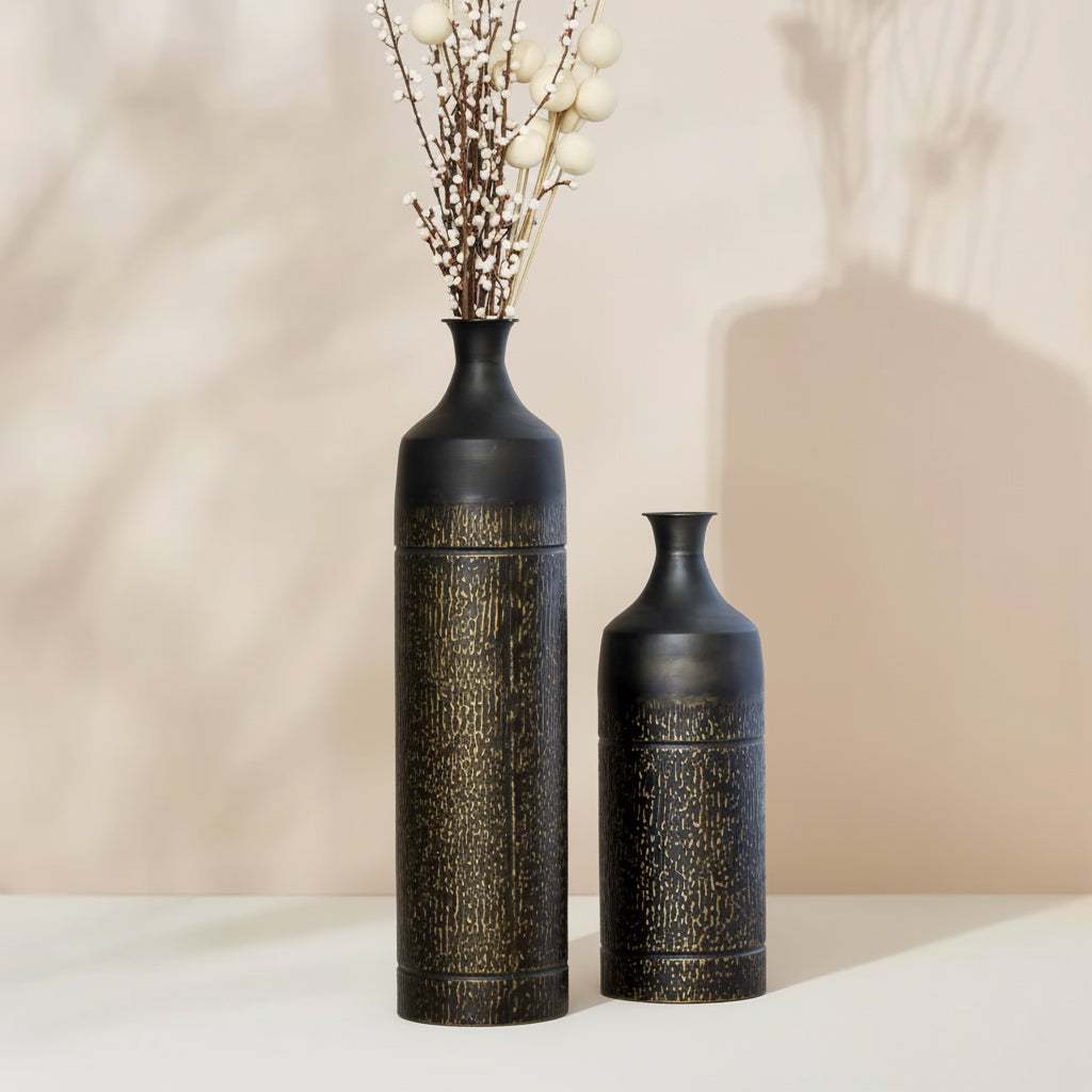 Mels Black Textured Iron Floor Vase - Set of 2