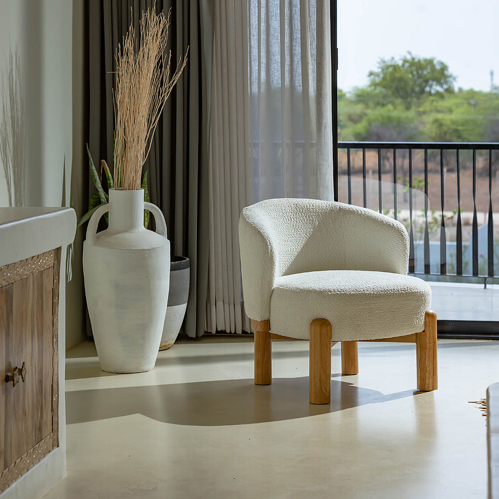 Velour Crest Chenille Wooden Armchair - White