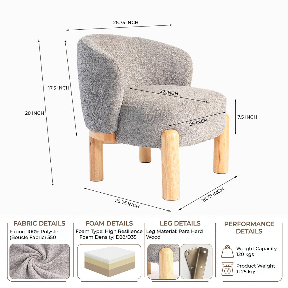 Velour Crest Chenille Wooden Armchair - Grey