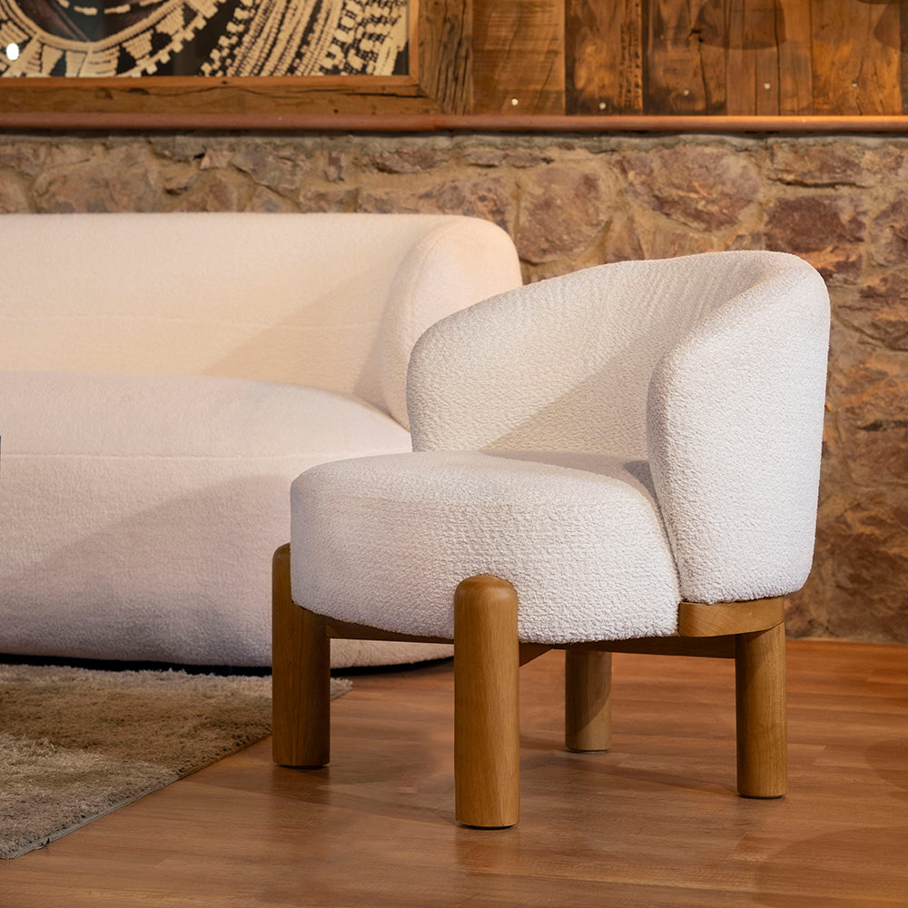 Velour Crest Chenille Wooden Armchair - White