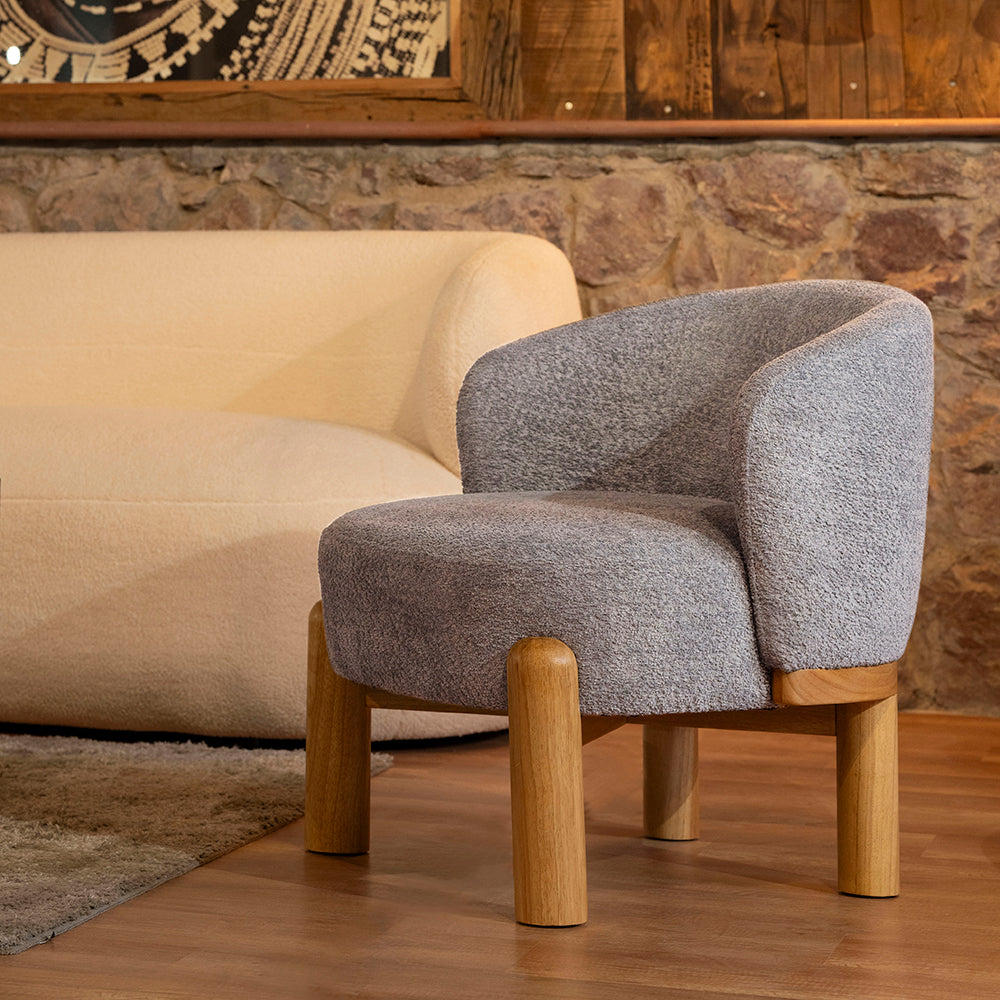 Velour Crest Chenille Wooden Armchair - Grey
