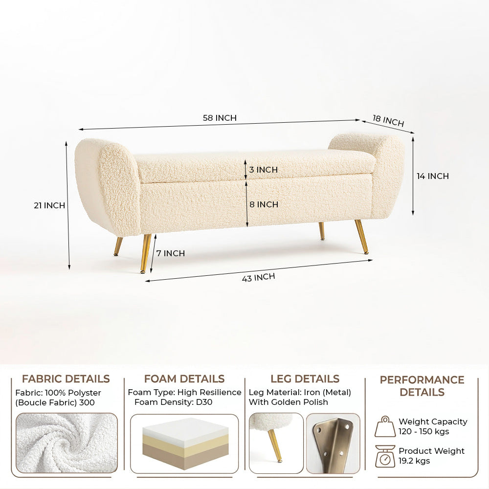 Barcarolle Boucle Fabric Bench - Ivory