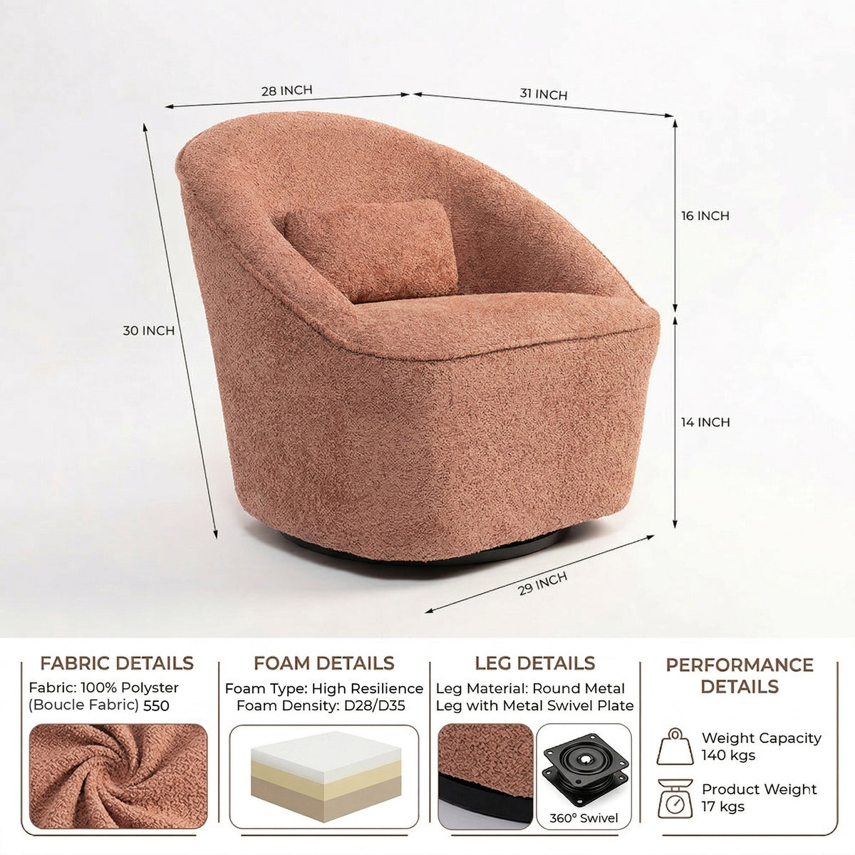 Emerald Boucle Swivel Chair - Dusty Rose Brown
