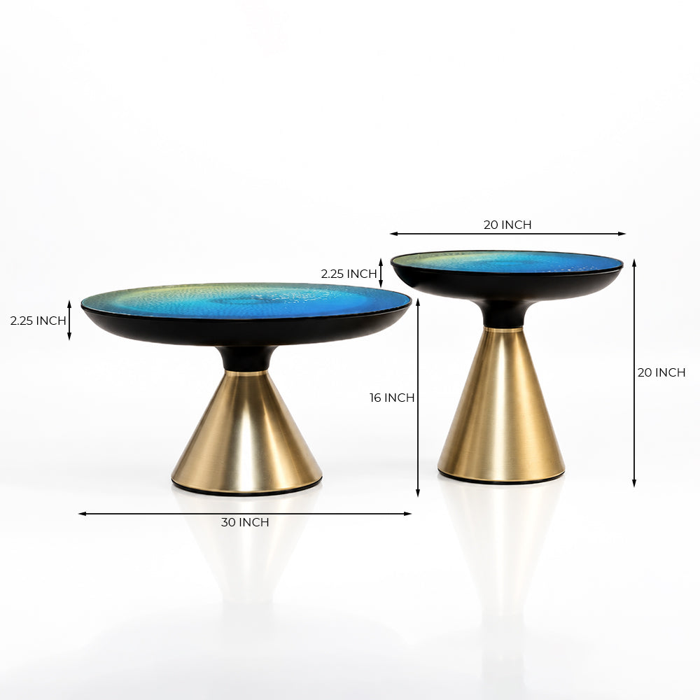 Ava Long Round Teal Blue Glass Top Coffee Table Set of 2