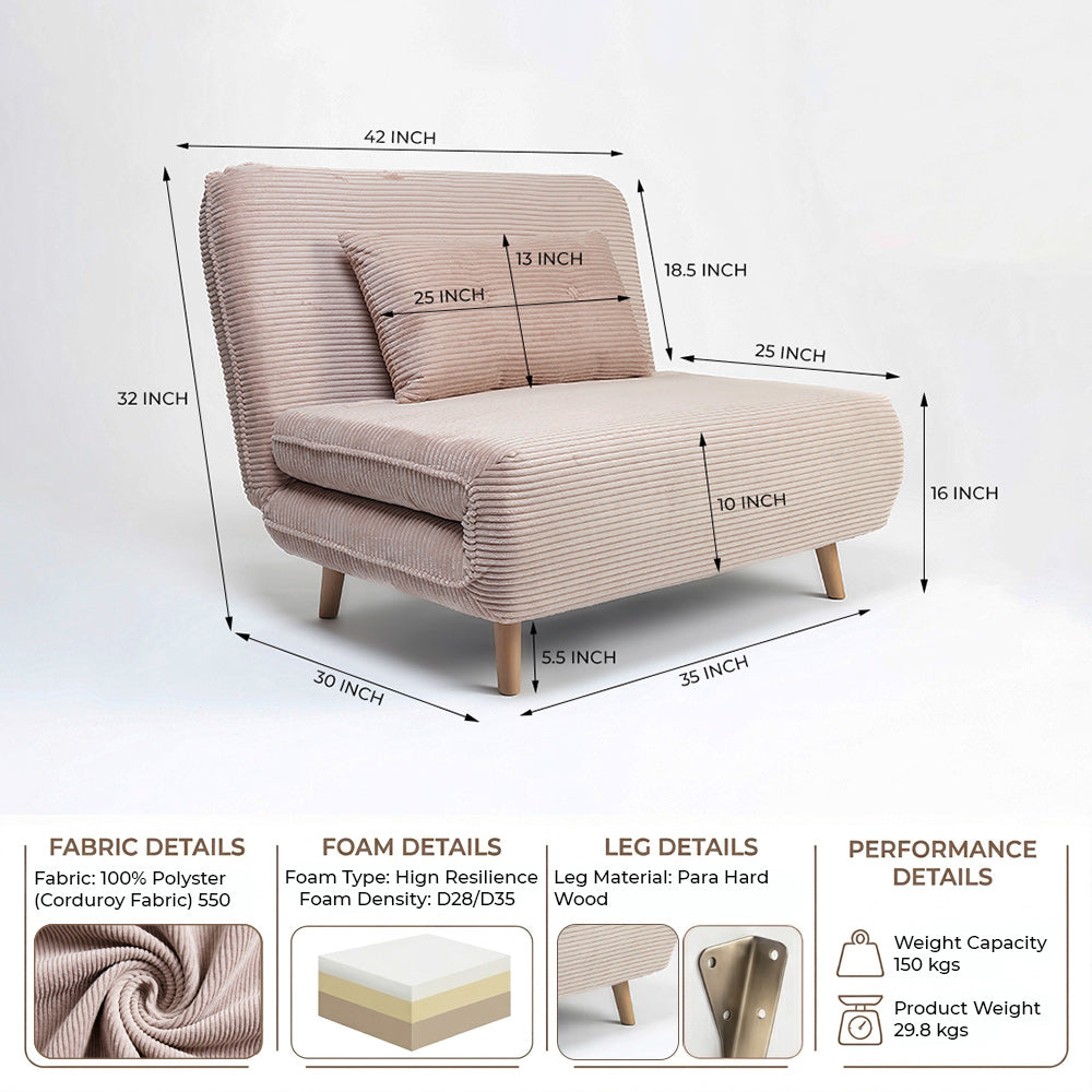 Jordan Corduroy Foldable Sofa Cum Bed With Wooden Legs
