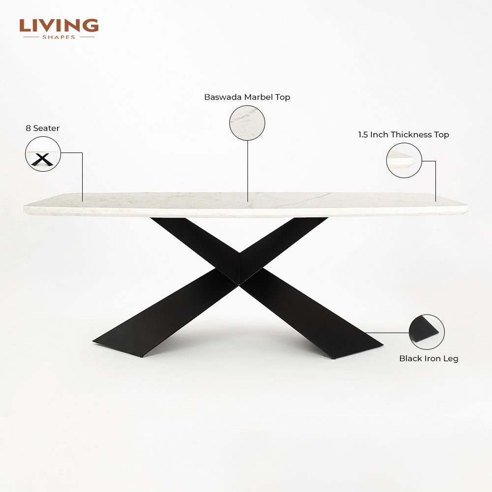 Immune Marble 8 Seater Dining Table with Iron - Black - Baswada