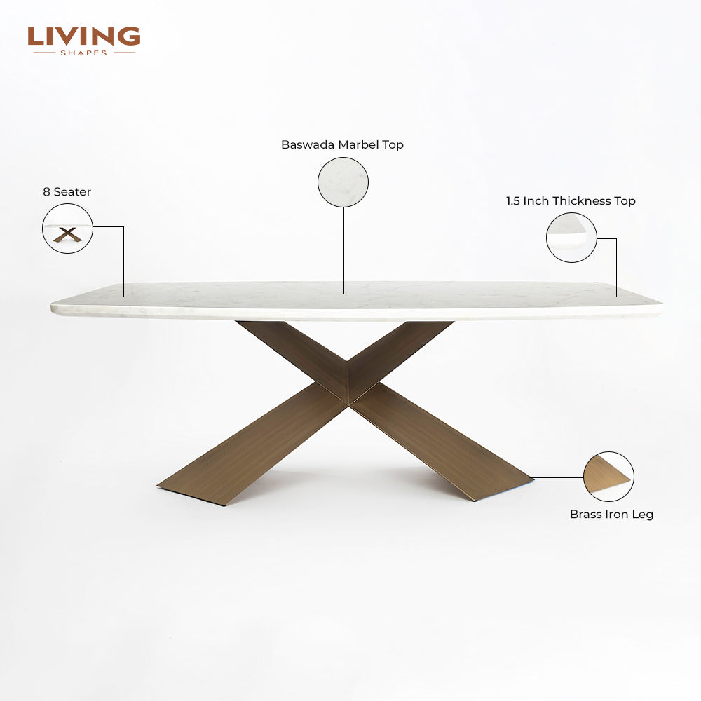 Immune Marble 8 Seater Dining Table with Iron - Brass - Baswada