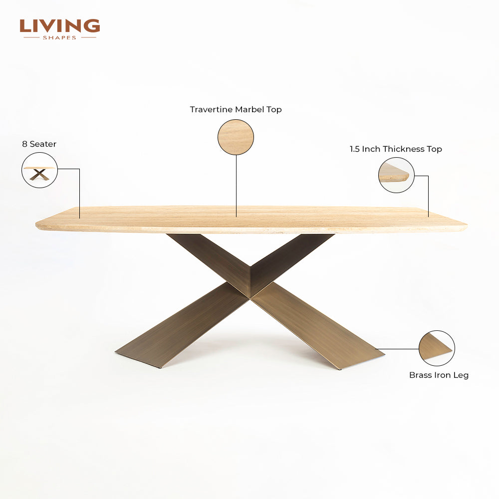 Immune Marble 8 Seater Dining Table with Iron - Brass - Travertine