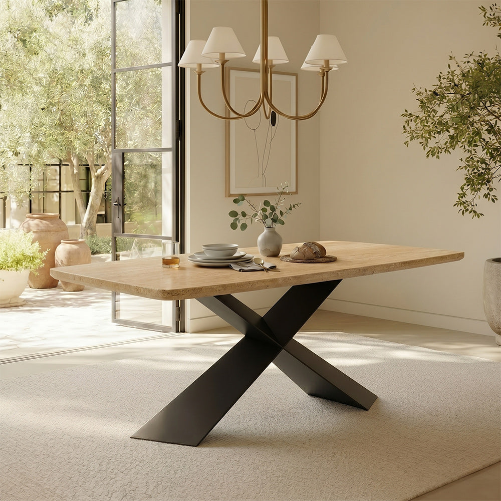 Immune Marble 8 Seater Dining Table with Iron - Black - Travertine