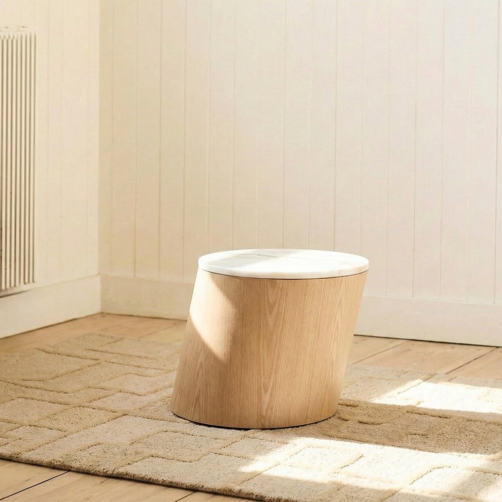 Vivant White Marble Top Wooden Round Coffee Table - Small