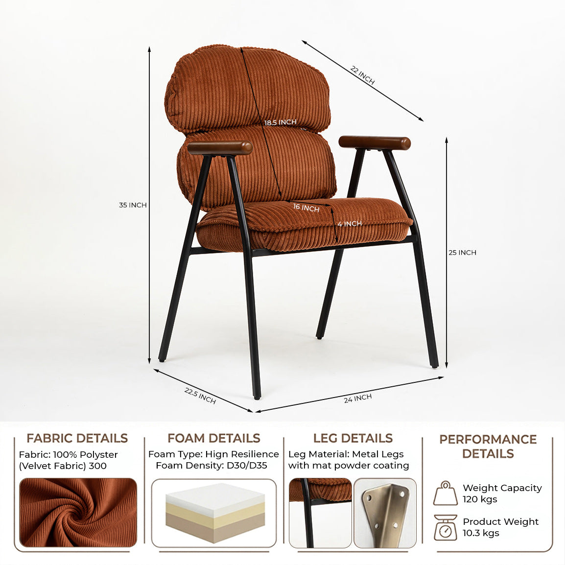 Antho Velvet Dining Chair with Wooden Armrest - Coppery Red