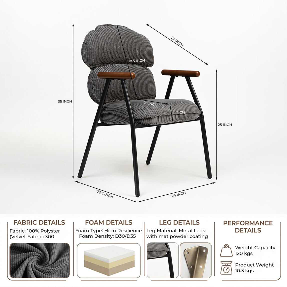 Antho Velvet Dining Chair with Wooden Armrest - Graphite