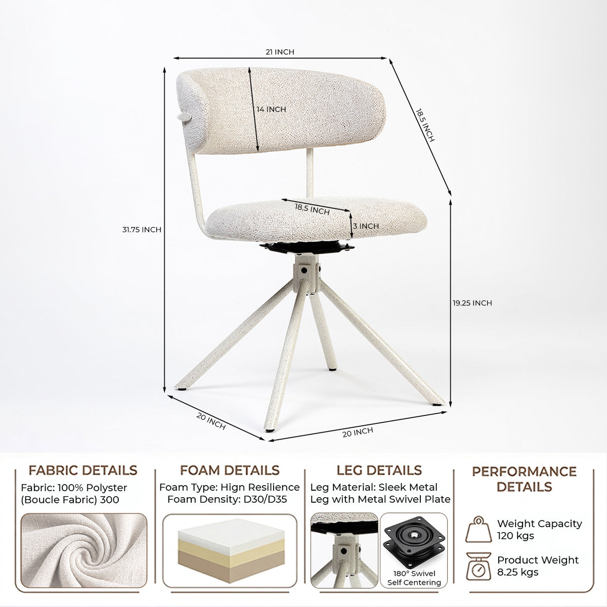Boucle Aiko Dining Chair with Metal- Swivel