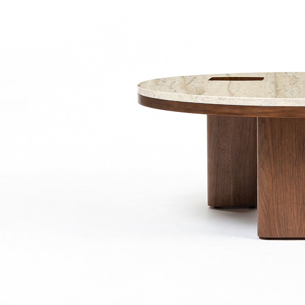 Oduke Beige Marble Round Coffee Table with Wooden Legs - Large