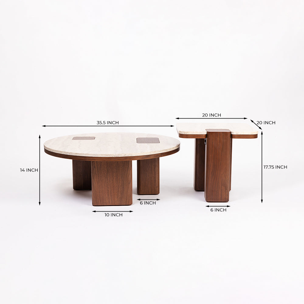 Oduke Beige Marble Coffee Table with Wooden Legs Set of 2