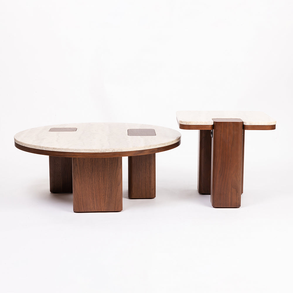 Oduke Beige Marble Coffee Table with Wooden Legs Set of 2