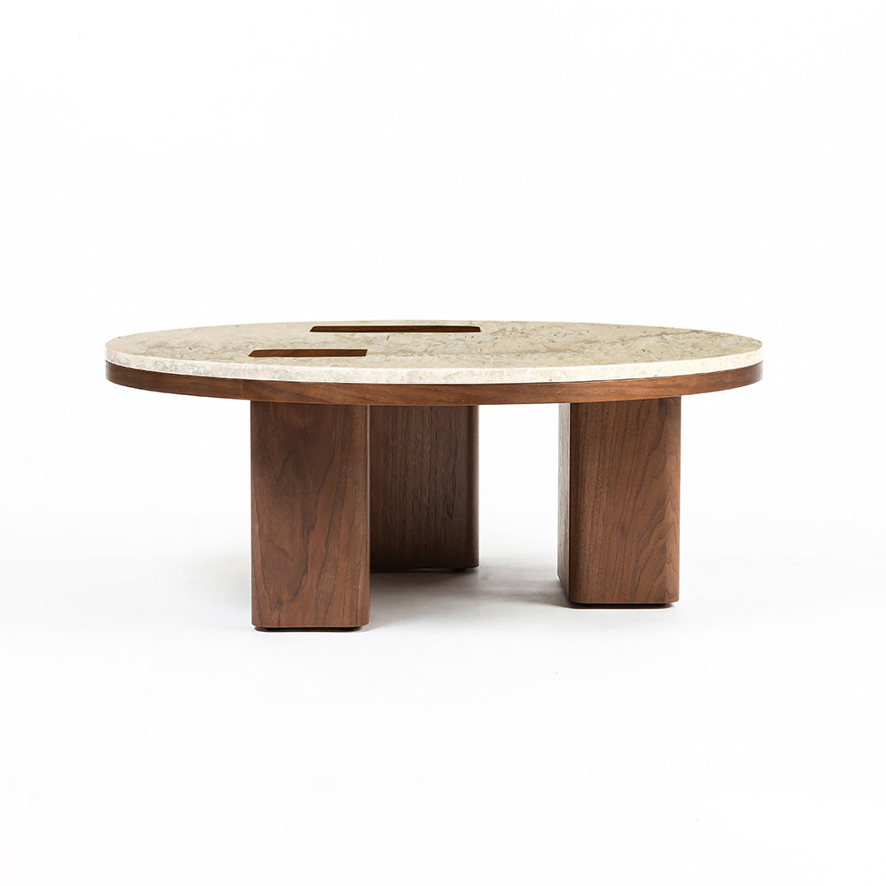 Oduke Beige Marble Round Coffee Table with Wooden Legs - Large