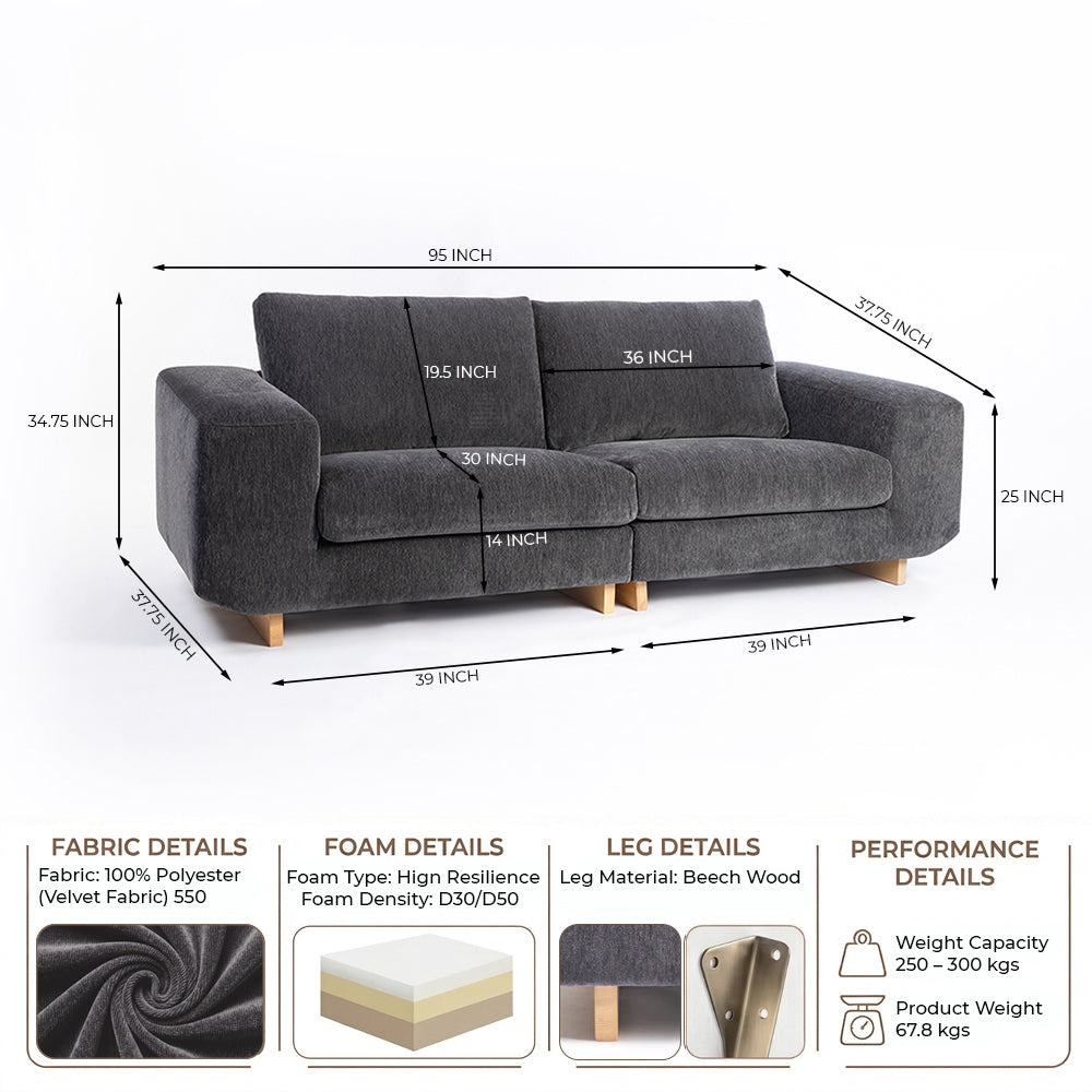 Velvet Kiko 2-Seater Sofa - Charcoal