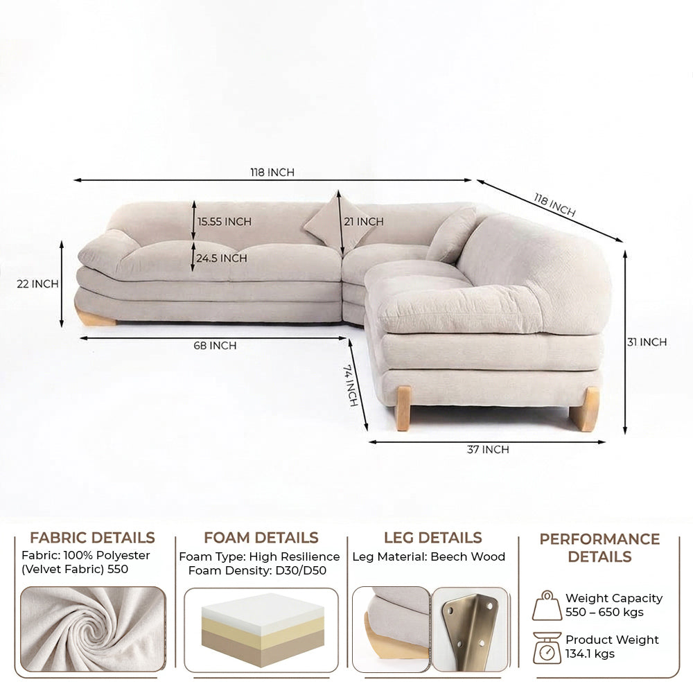 Gianco Sand Beige Velvet L Shape 5 Seater Corner Sofa
