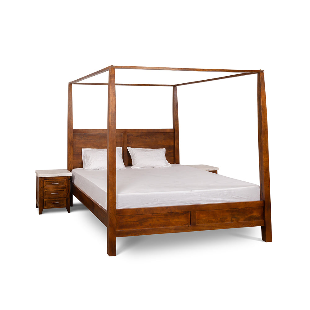 Aziz Mango Wood Poster Bed - Bed Bed + 1 Bed Side Bed + 2 Bed Side