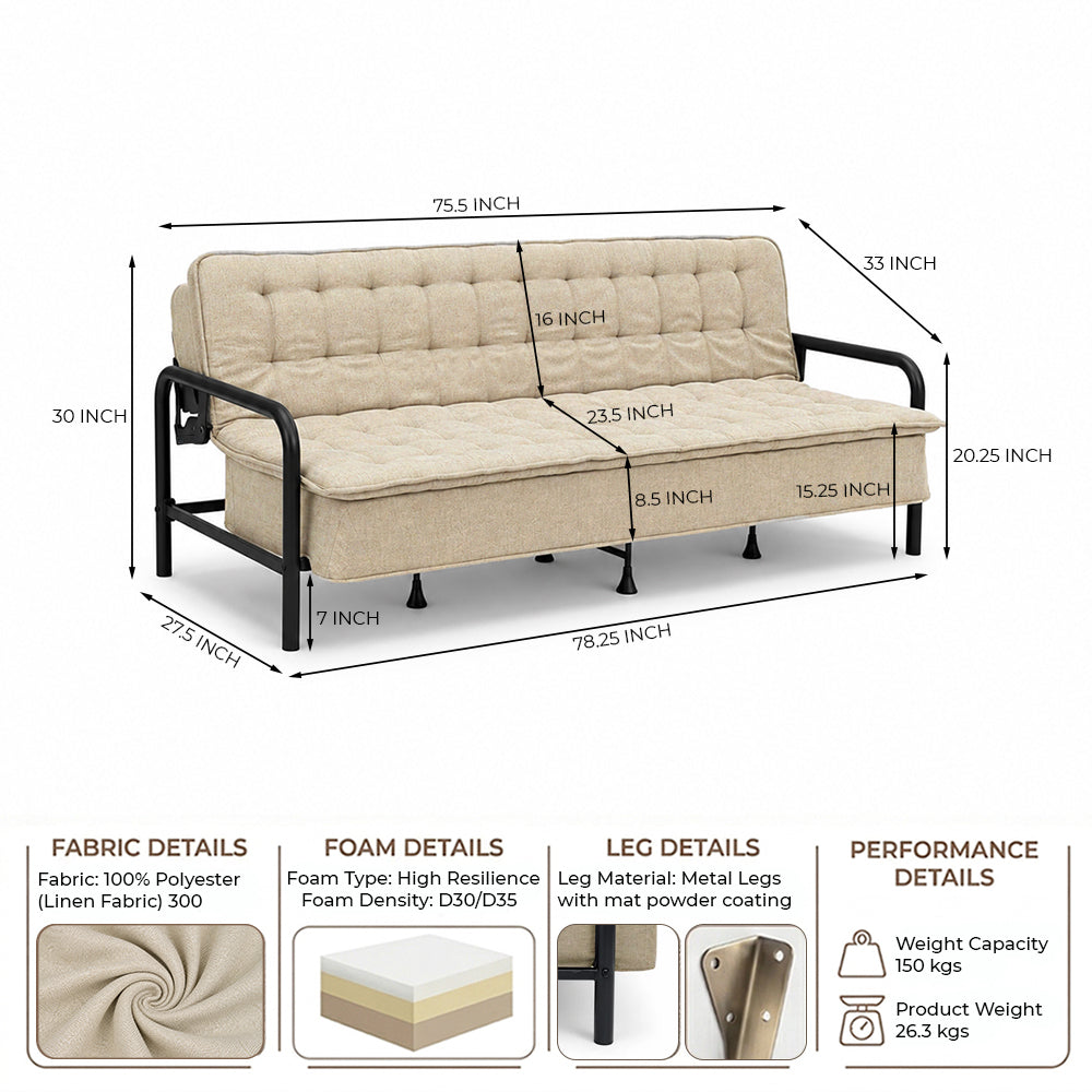 Tufted Convertible 3 Seater Sofa Cum Bed - Brown
