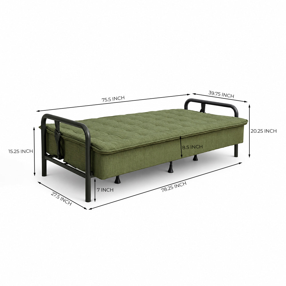 Tufted Convertible 3 Seater Sofa Cum Bed - Olive Green