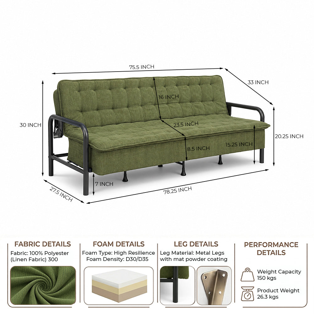 Tufted Convertible 3 Seater Sofa Cum Bed - Olive Green