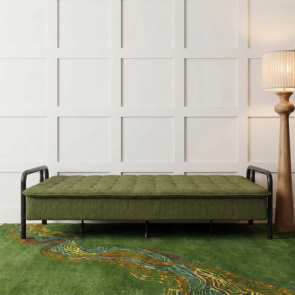 Tufted Convertible 3 Seater Sofa Cum Bed - Olive Green