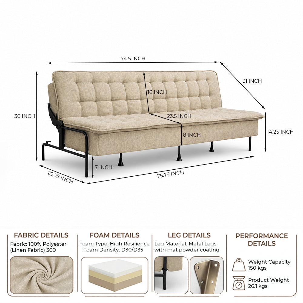 Space-Saving Armless 3 Seater Sofa Cum Bed - Brown