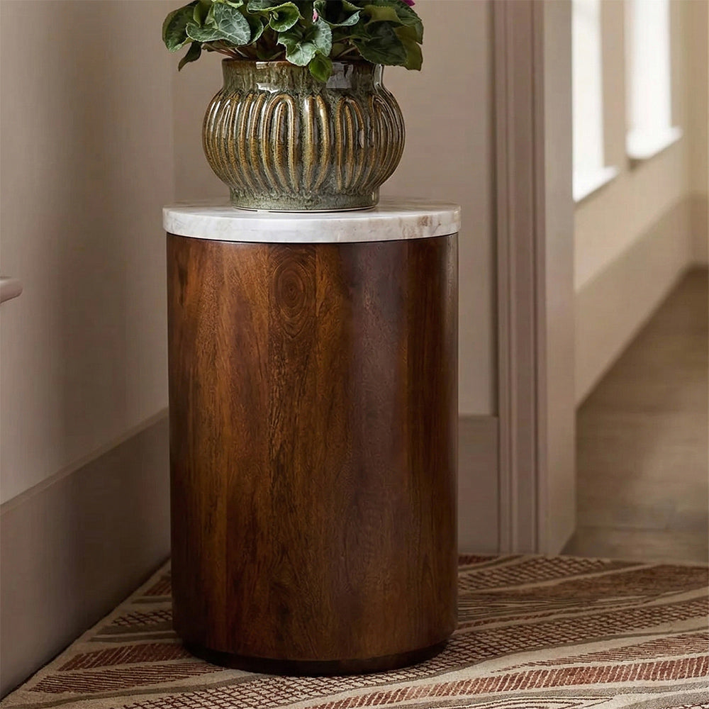 Ryn Mango Wood Side Table with Sawar Marble