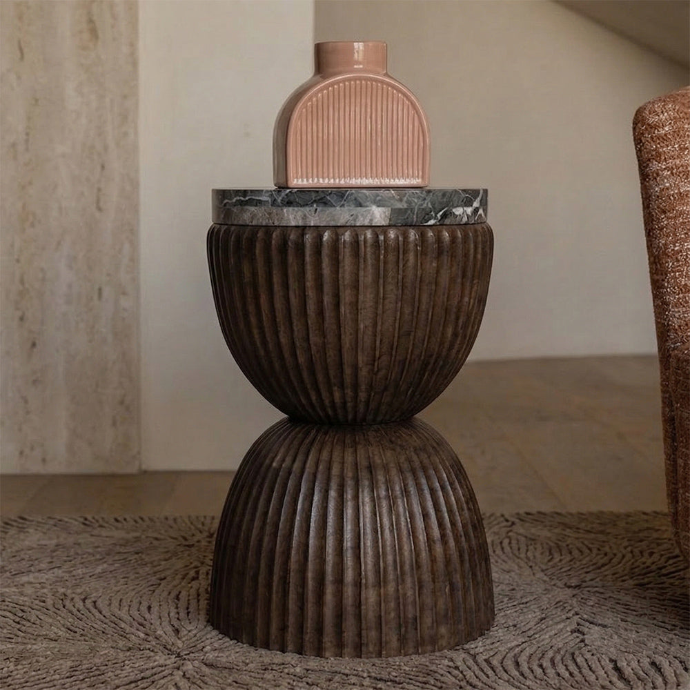 Gracie Mango Wood Side Table with Cappuccino Marble