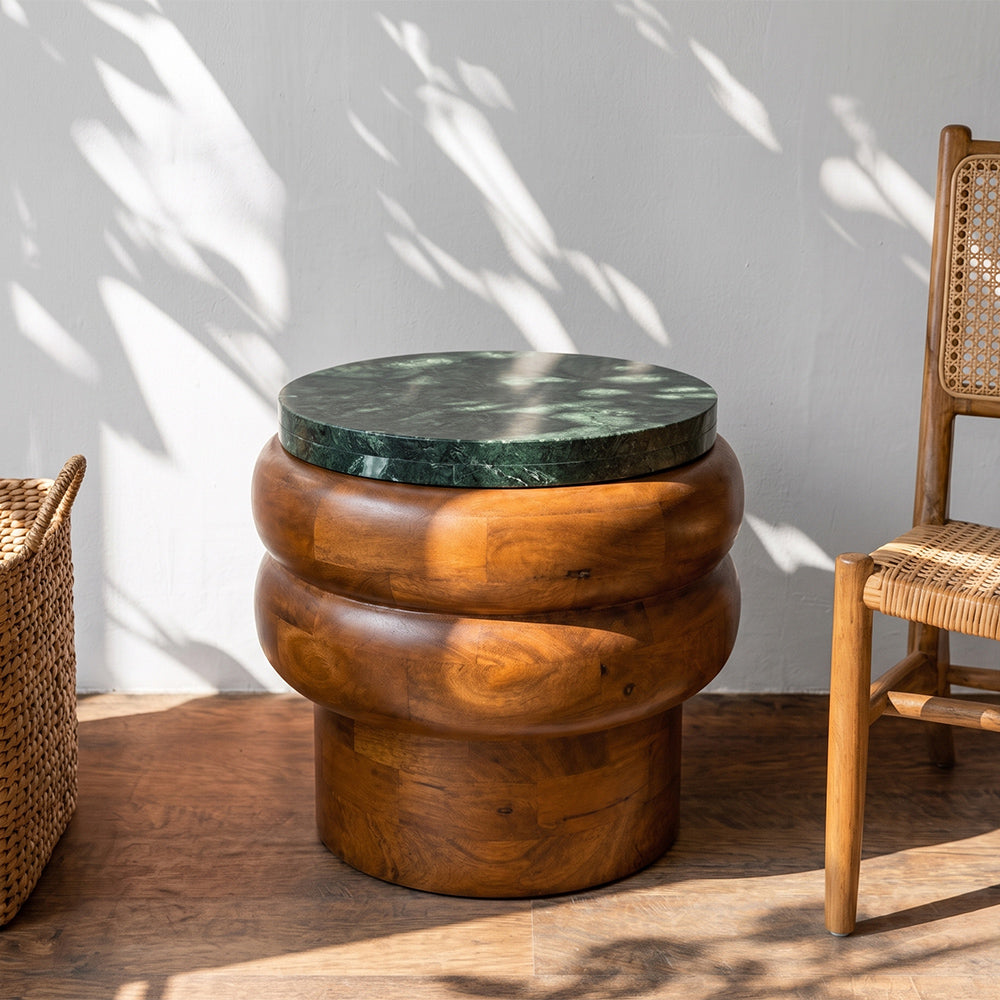 Sylvan Mango Wood Side Table with Green Marble