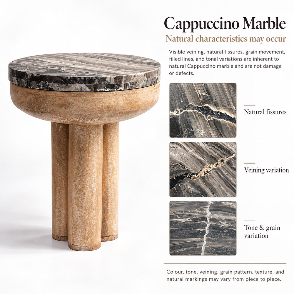 Holly Cappuccino Marble & Mango Wood Side Table – Dark Grey & Brown