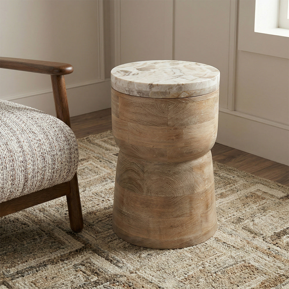 Benee Mango Wood Side Table with Panther Marble