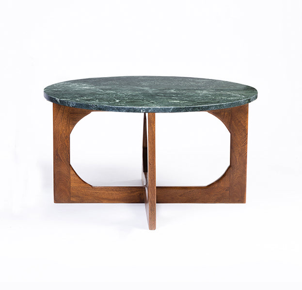 Bea Green Marble Round Coffee Table with Wood Base - Large