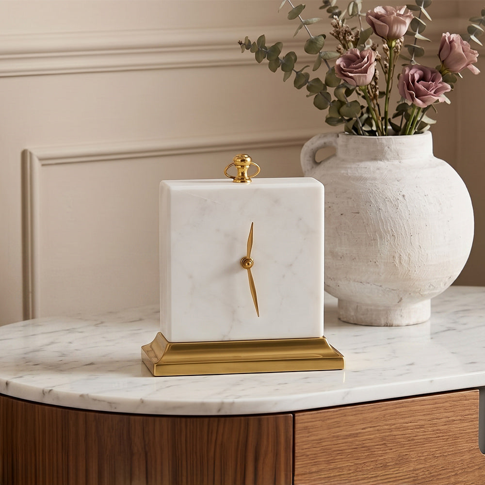 Onyx Stainless Steel Table Clock with Marble