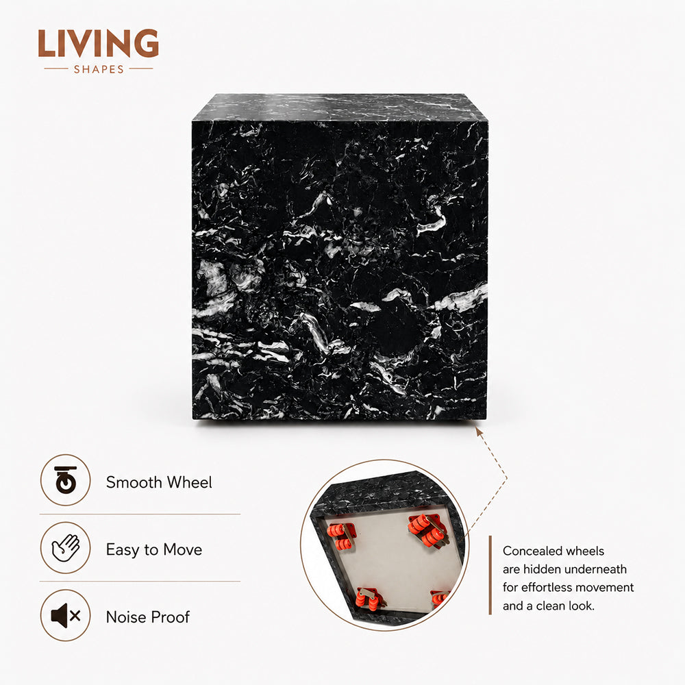 Sable Marble SideTable with Wheel - Black Marble