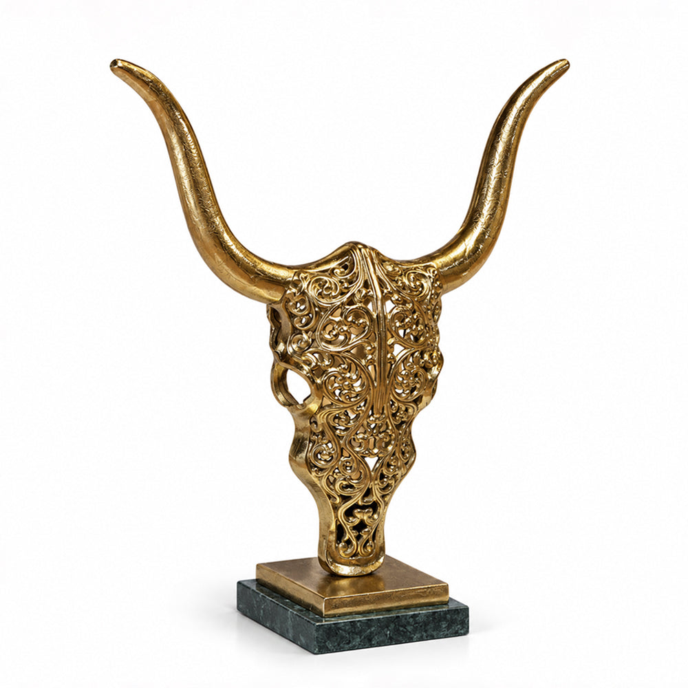 Mave Metal Bull Head Decorative Object with Green Granite Marble Base - Product View 4