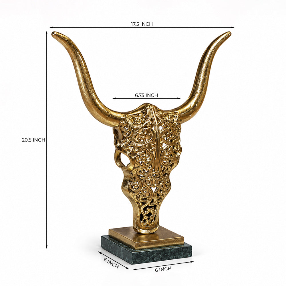 Mave Metal Bull Head Decorative Object with Green Granite Marble Base - Product View 6