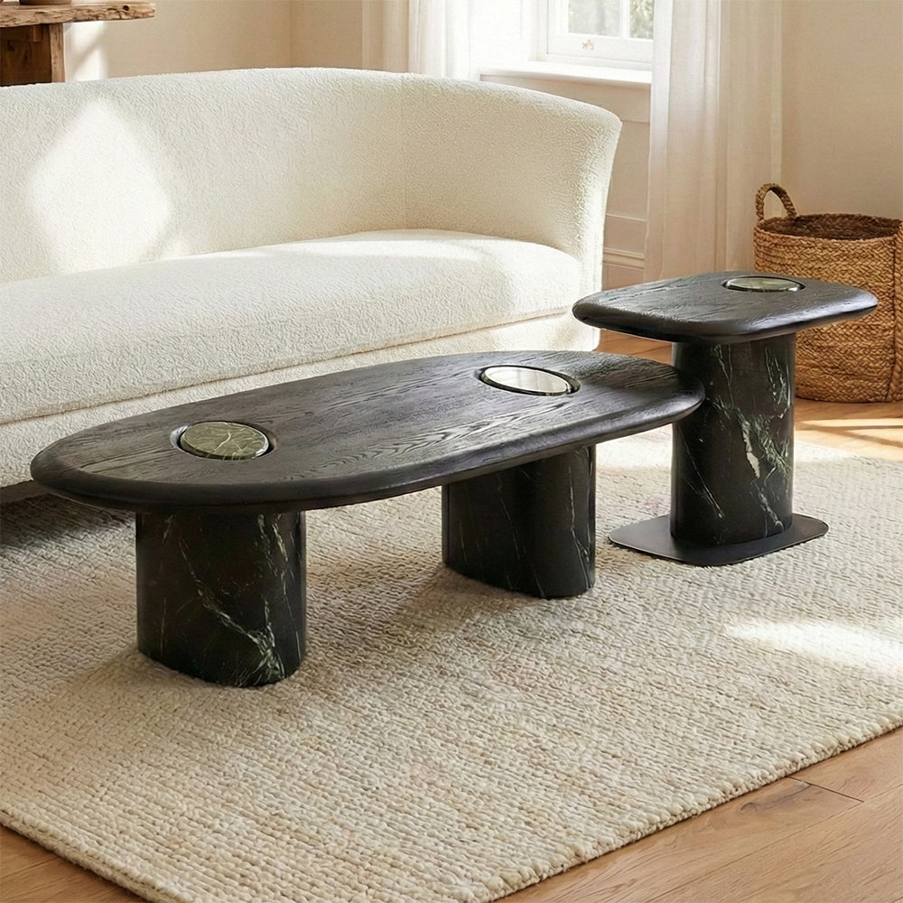 MDF Black Coffee Table with Wooden Base Set of 2