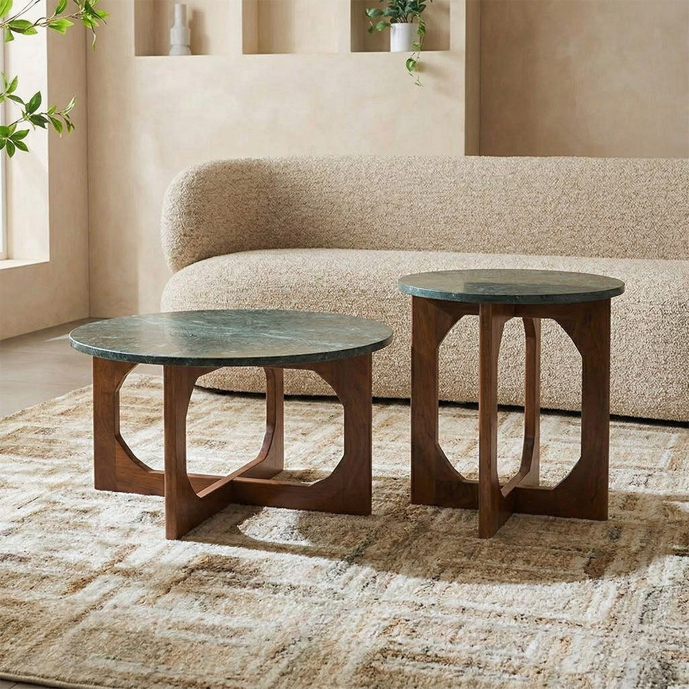 Bea Green Marble Round Coffee Table with Wood Base Set of 2