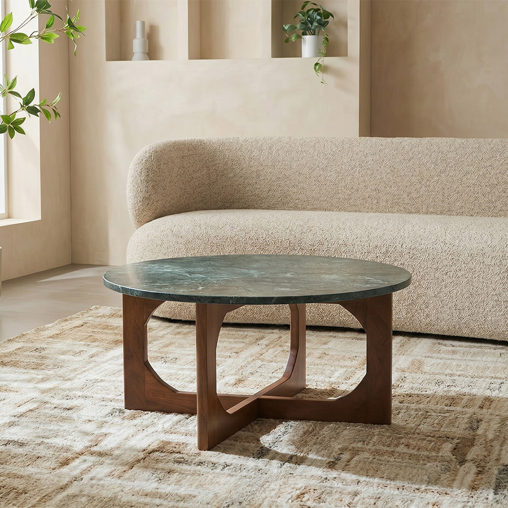 Bea Green Marble Round Coffee Table with Wood Base - Large