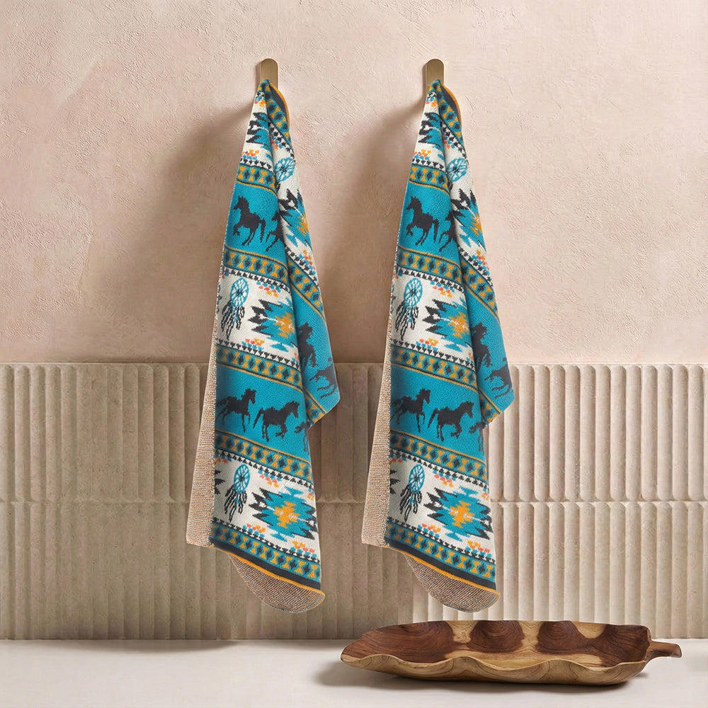 Dreamcatcher Knitted Cotton Kitchen Towel '' Set Of 2 '' In Prairie Blue