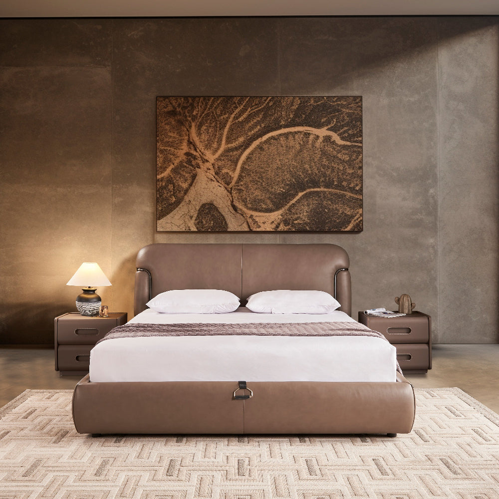 Auburn Leather Bed - King Bed Bed + 1 Bedside Table Bed + 2 Bedside Table King Queen Double Bed