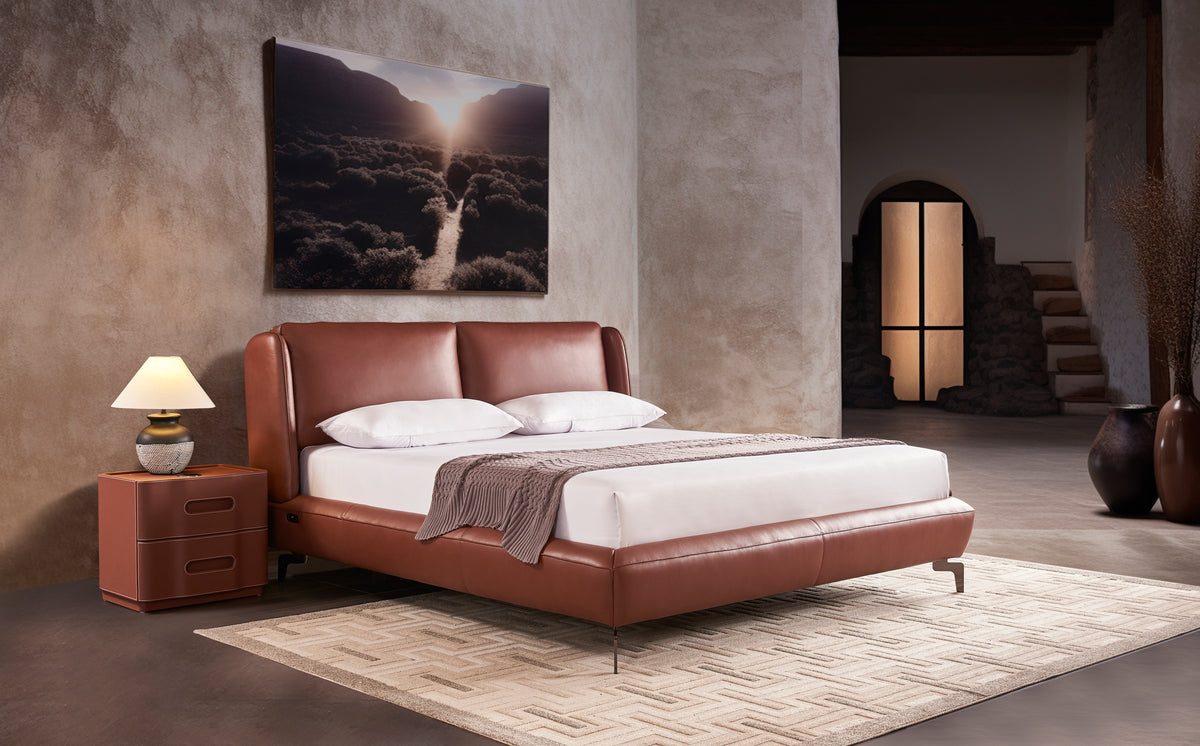 Amorous Leather Bed - Queen Bed Bed + 1 Bedside Table Bed + 2 Bedside Table