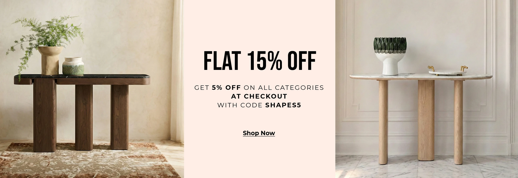 Two tables with decorative items on a neutral background, featuring a promotional message for a discount offer.