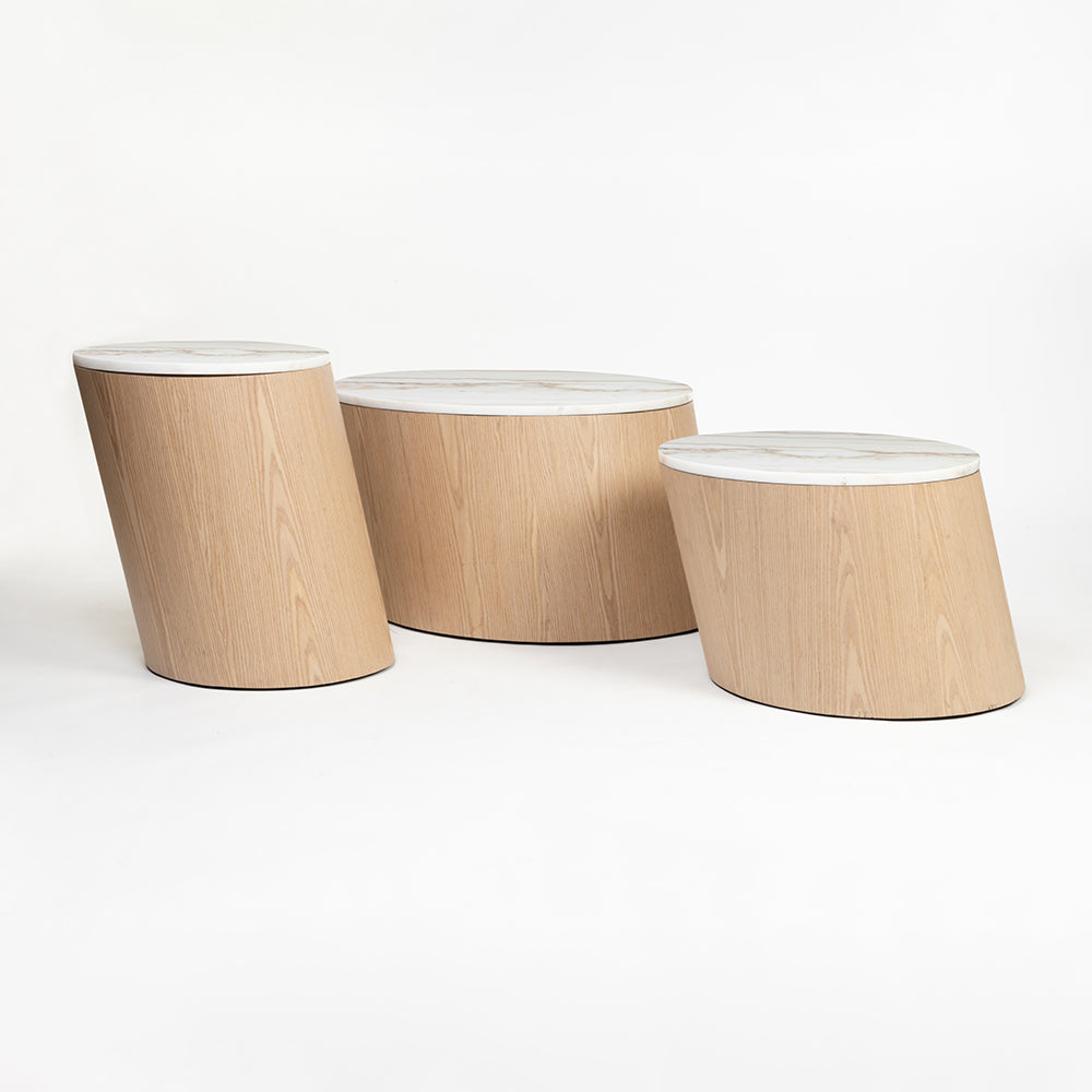 Vivant White Marble Top Wooden Round Coffee Table Set of 3