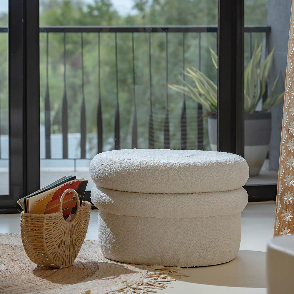 Mist Boucle Plywood Pouf - White